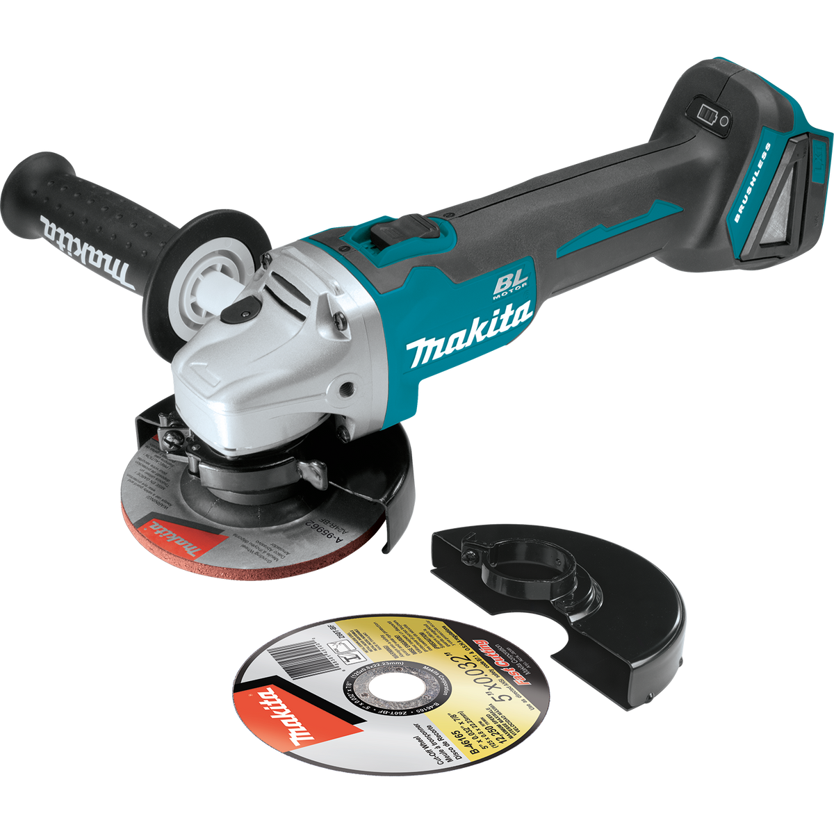 Makita LXT 18V angle grinder with additional disc on a white background. Get yours today at B&R Lawnmower Shop, 20032 Saticoy Street, Winnetka, CA 91306. Near Canoga Park on the intersection of Winnetka and Saticoy. Serving Los Angeles County and San Fernando Valley since 2001.