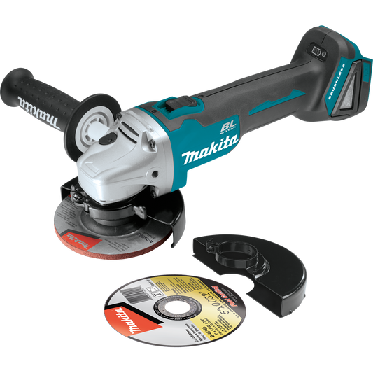 Makita LXT 18V angle grinder with additional disc on a white background. Get yours today at B&R Lawnmower Shop, 20032 Saticoy Street, Winnetka, CA 91306. Near Canoga Park on the intersection of Winnetka and Saticoy. Serving Los Angeles County and San Fernando Valley since 2001.