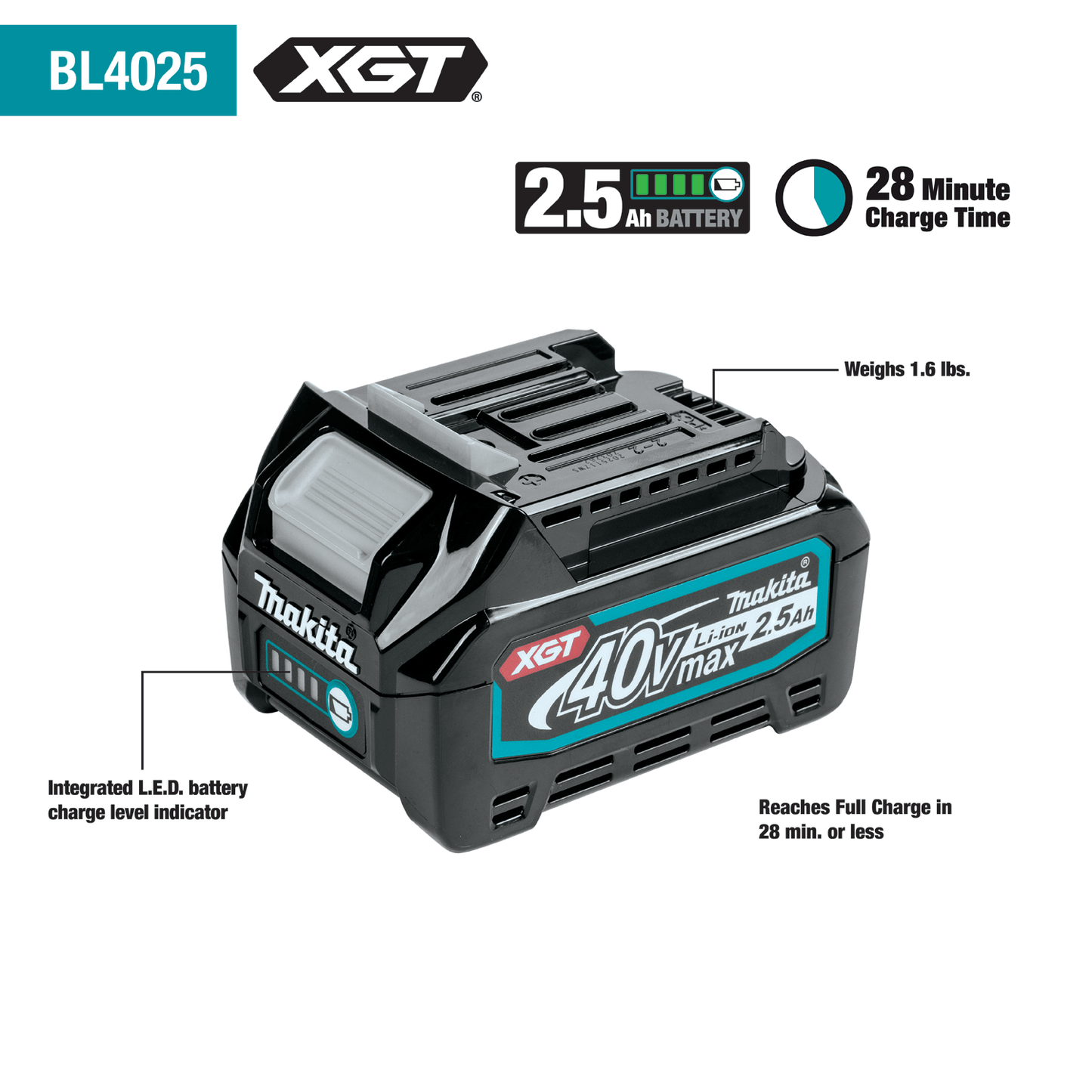 Makita - Makita BL4025 40V Max XGT 2.5 Ah Battery - B&R Lawnmower Shop