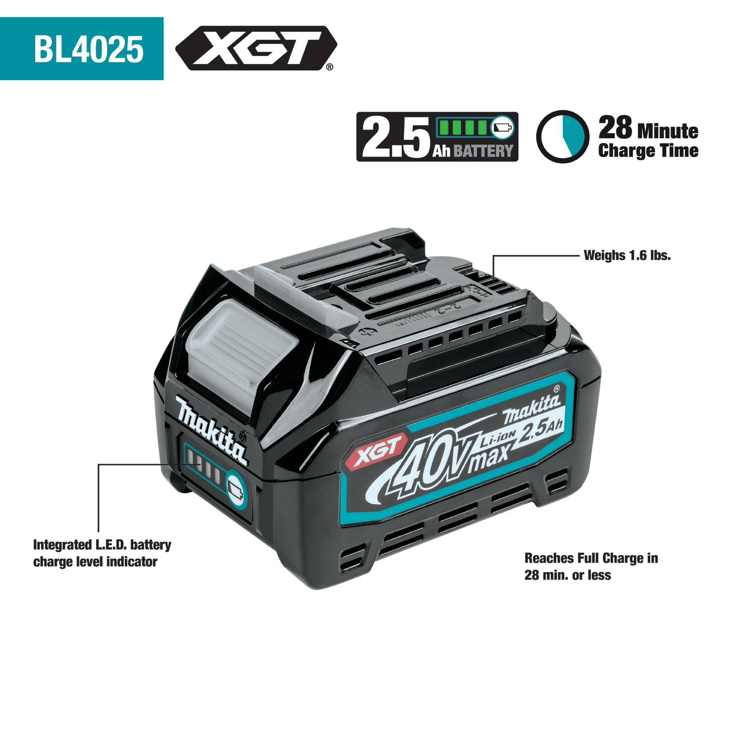 Makita - Makita BL4025 40V Max XGT 2.5 Ah Battery - B&R Lawnmower Shop
