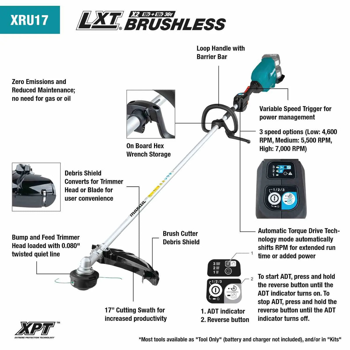 Makita XRU17 LXT 36V string trimmer kit. Get yours today at B&R Lawnmower Shop! 20032 Saticoy Street, Winnetka, CA 91307 serving Los Angeles and San Fernando Valley.