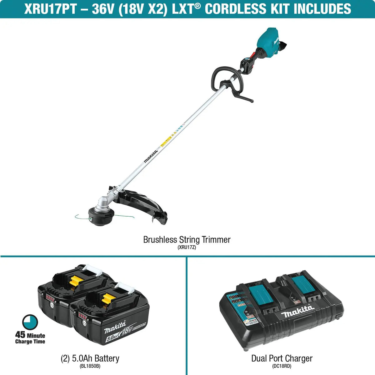 Makita cordless string trimmer kit with batteries and charger on a white background. Get yours today at B&R Lawnmower Shop! 20032 Saticoy Street, Winnetka, CA 91307 serving Los Angeles and San Fernando Valley.