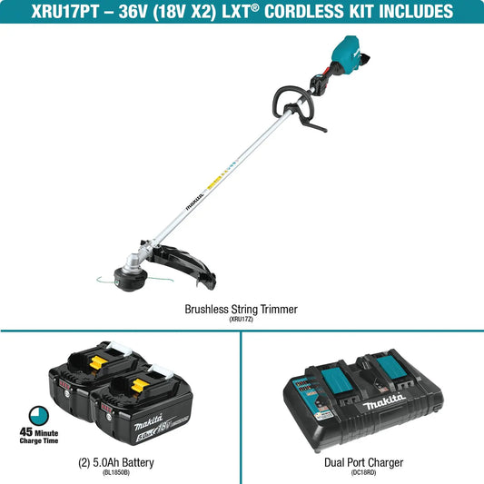 Makita cordless string trimmer kit with batteries and charger on a white background. Get yours today at B&R Lawnmower Shop! 20032 Saticoy Street, Winnetka, CA 91307 serving Los Angeles and San Fernando Valley.